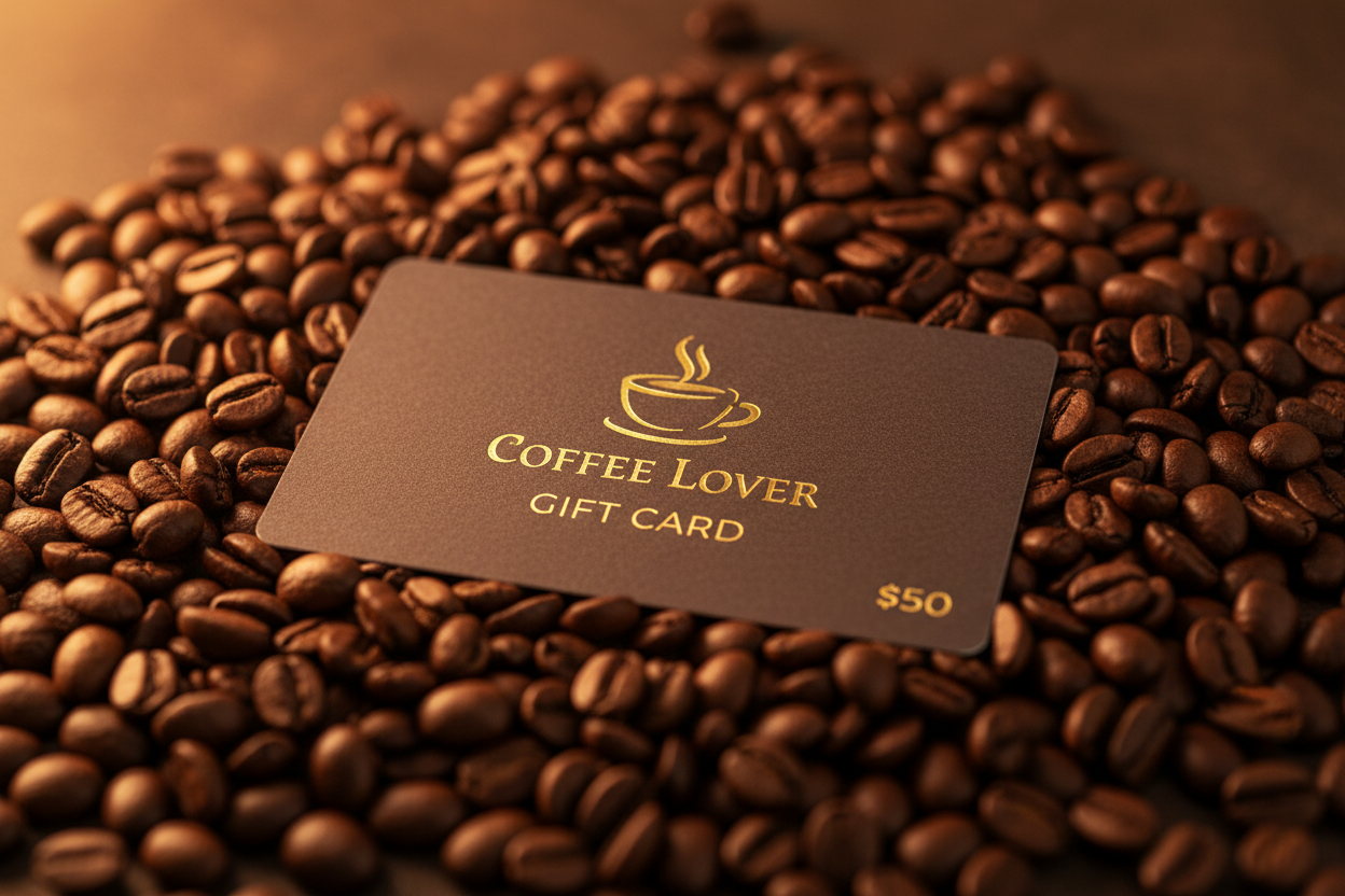 A gift card surrounded by coffee beans
